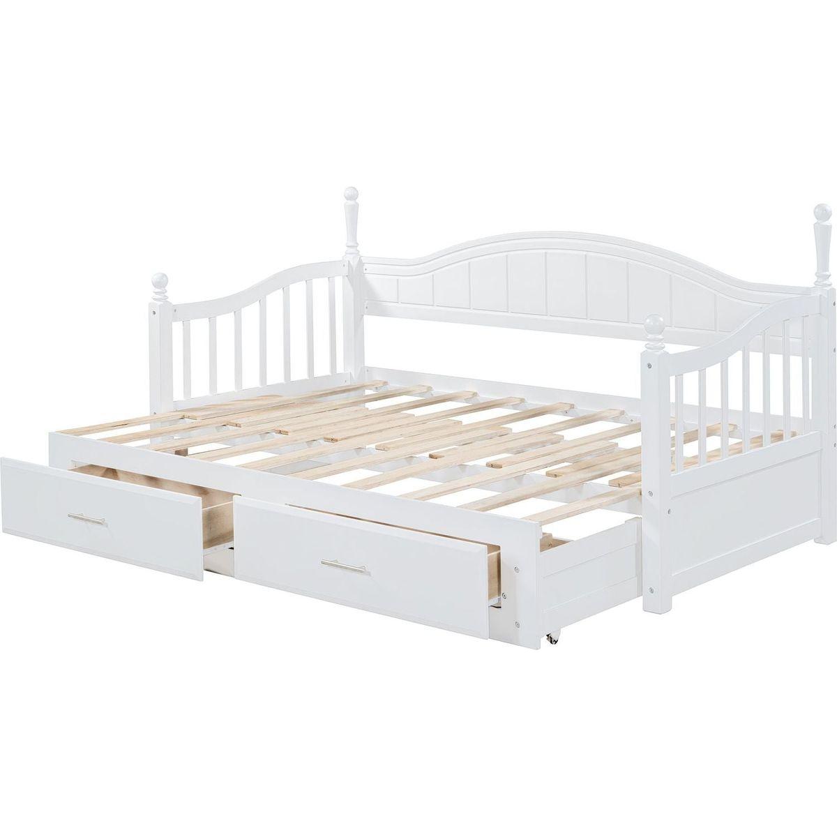 Wooden Twin Size Daybed with Twin Size Trundle, Extendable Daybed with Two Storage Drawers,White