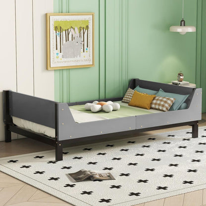 Twin Bed with Headboard, Footboard, Safeguards, Built-in Bed-end Book Storage Rack, Grey