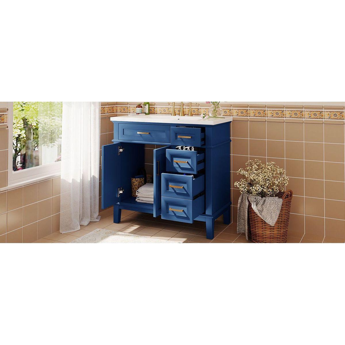 36-inch Bathroom Vanity with Resin Sink, Modern Bathroom Cabinet in Blue, Featuring Two Soft Close Doors and Four Drawers