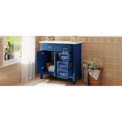 36-inch Bathroom Vanity with Resin Sink, Modern Bathroom Cabinet in Blue, Featuring Two Soft Close Doors and Four Drawers