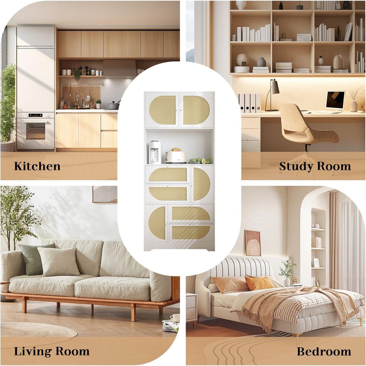 Storage Cabinet with Rattan Doors, Tall Freestanding Hutch Cabinet with Power Outlet,4 cabinet door and 4 Drawers& 1 Large Countertop, Buffet Drawer Cabinet door design