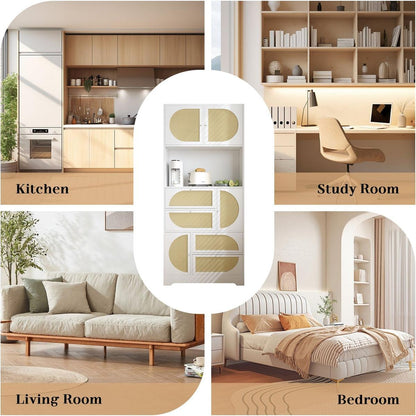 Storage Cabinet with Rattan Doors, Tall Freestanding Hutch Cabinet with Power Outlet,4 cabinet door and 4 Drawers& 1 Large Countertop, Buffet Drawer Cabinet door design