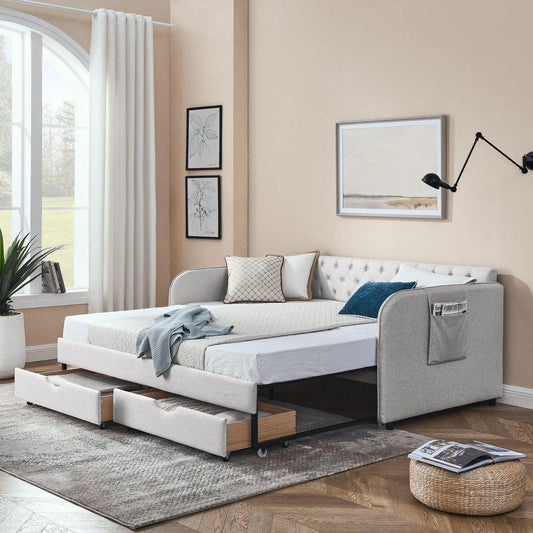 Twin Size Upholstery Daybed with Trundle Bed and Two Storage Drawers, Flat Arms with Pocket, Extendable Daybed for Bedroom Living Room,Linen Beige