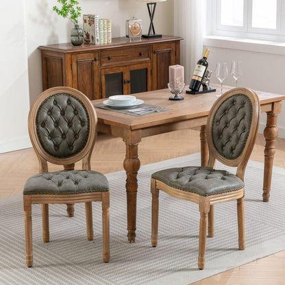 French Style Solid Wood Frame Antique Painting,Hand-pulled buckle decoration PU artificial leather Dining Chair with Nailhead Trim, Wood Legs,Set of 2,White Pine Green