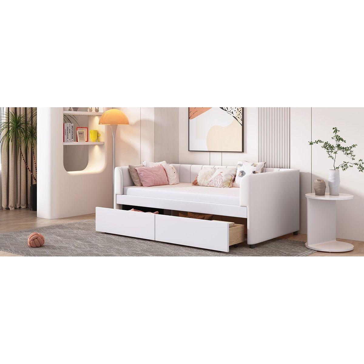 Twin Size Upholstered Daybed with Ergonomic Design Backrest and 2 Drawers, Beige
