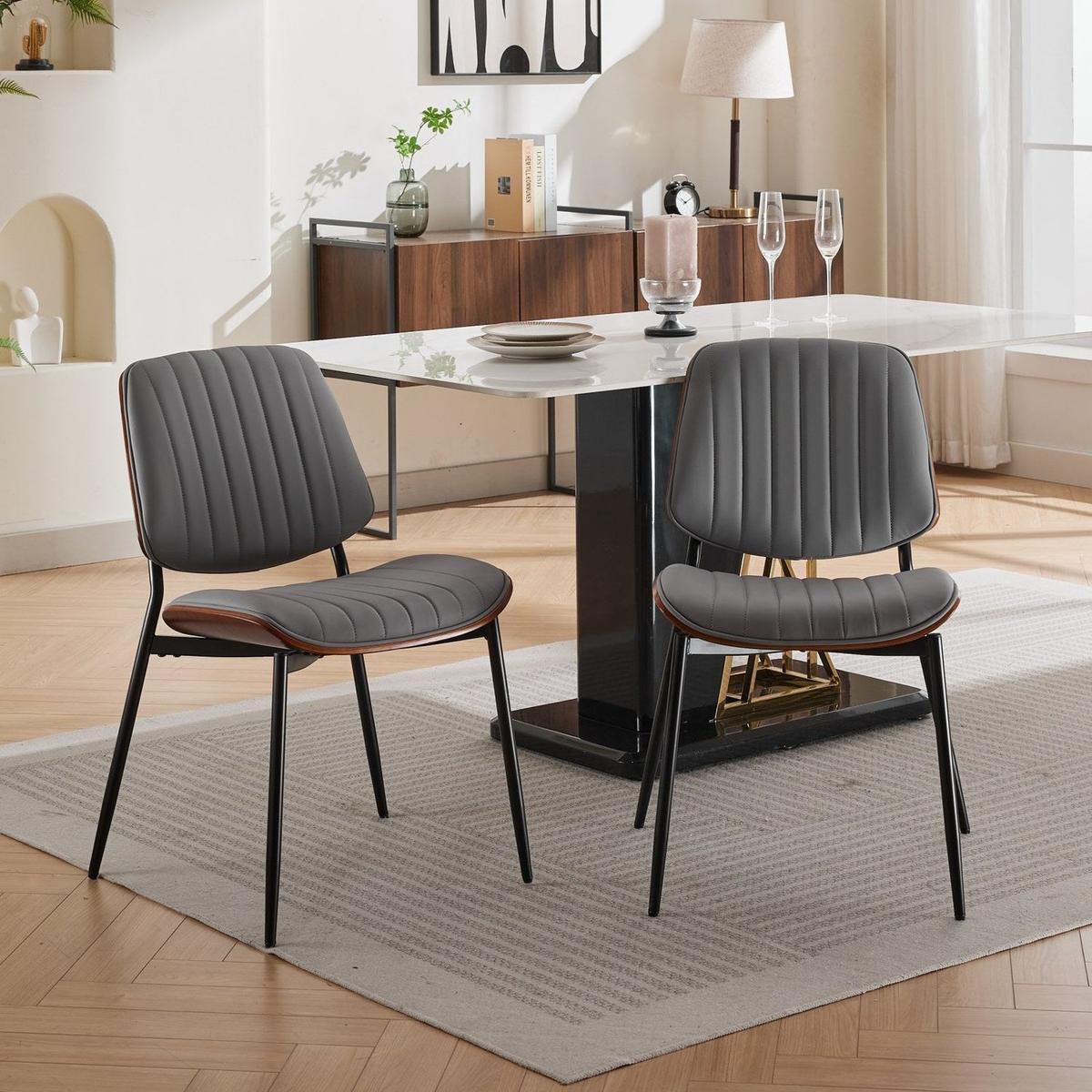 Dining Chairs Set of 2 Mid Century Modern Retro Faux Leather Chair with Walnut Bentwood Back Upholstered Seat Metal Legs Adjustable Foot for Kitchen Dining Room Chairs(Gray PU)