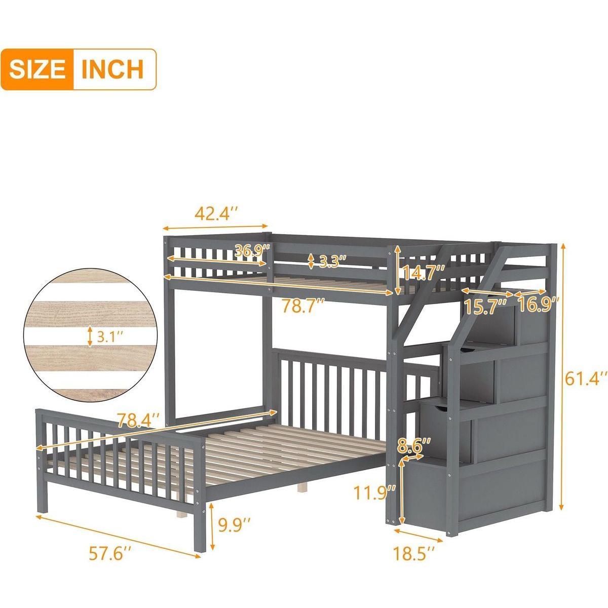 Twin over Full Loft Bed with Staircase,Gray