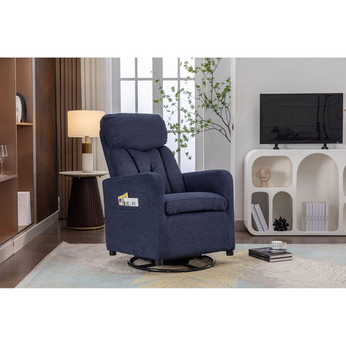 Linen Fabric Swivel Rocking Chair Gilder Chair With Pocket,Navy Blue