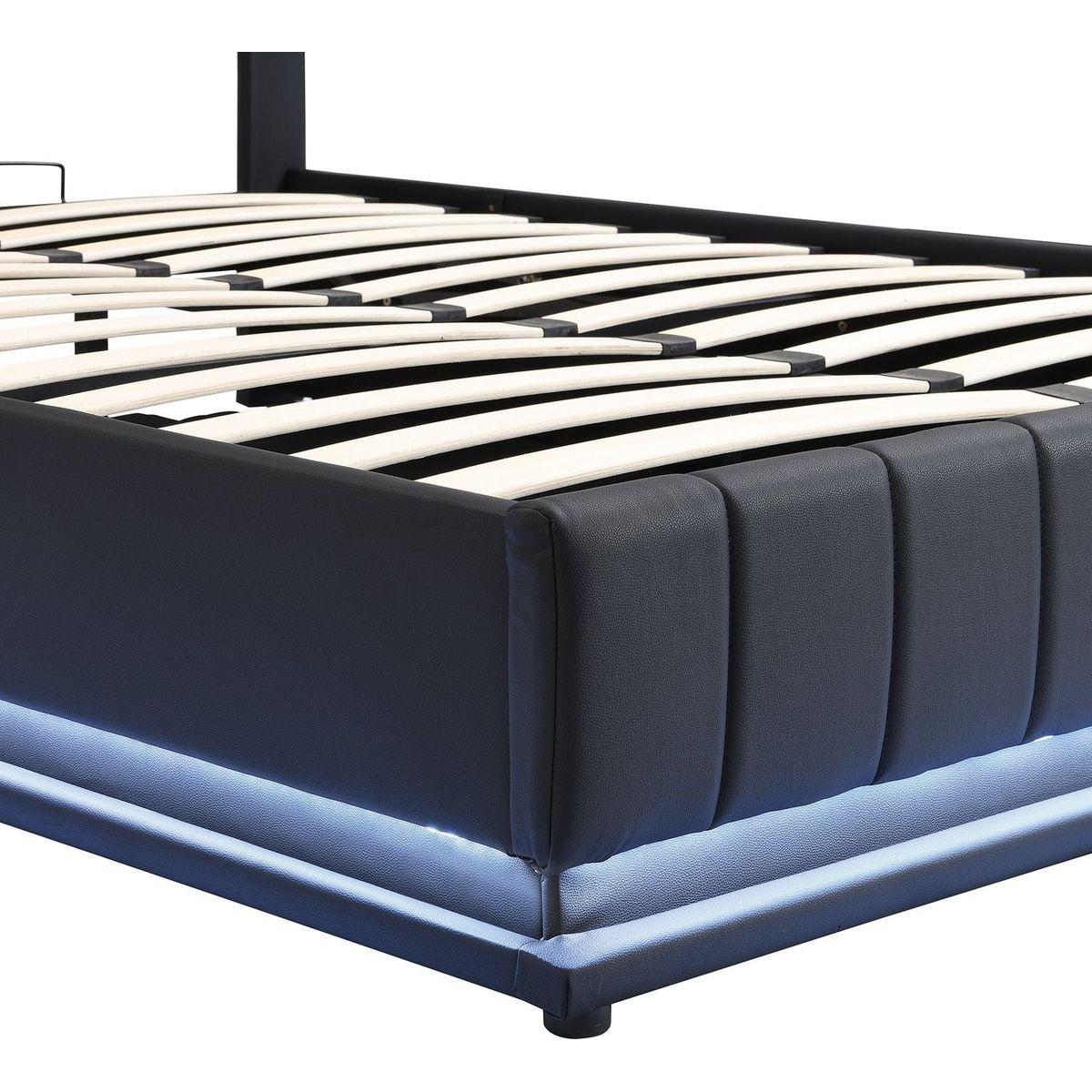 Full Size Upholstered Bed with Hydraulic Storage System and LED Light, Modern Platform Bed with Sockets and USB Ports, Black