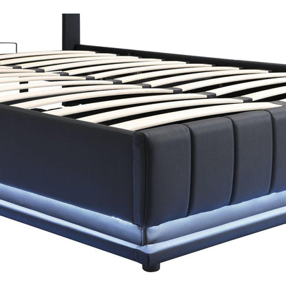 Full Size Upholstered Bed with Hydraulic Storage System and LED Light, Modern Platform Bed with Sockets and USB Ports, Black