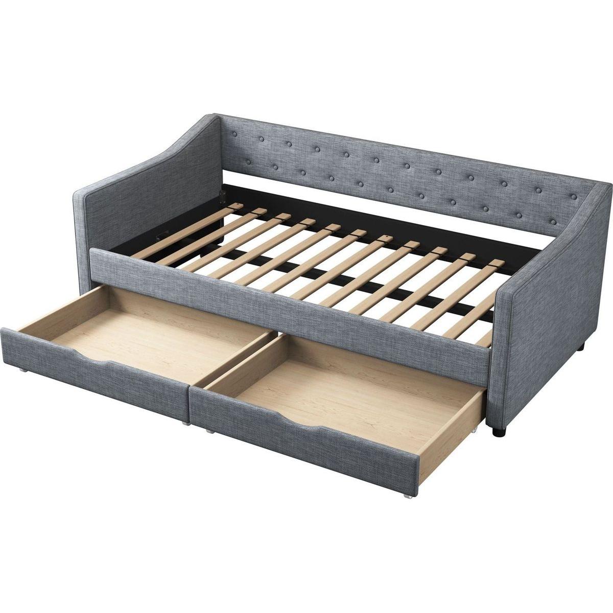 Twin Size Daybed with Drawers Upholstered Tufted Sofa Bed, with Button on Back and Piping on Waved Shape Arms-Light Grey