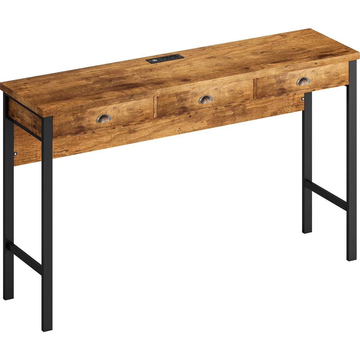 3-Drawer Long Dining Table Set with Power Outlets, Bar Kitchen Table Set with Circular PU Stools, Easy Assemble,Brown