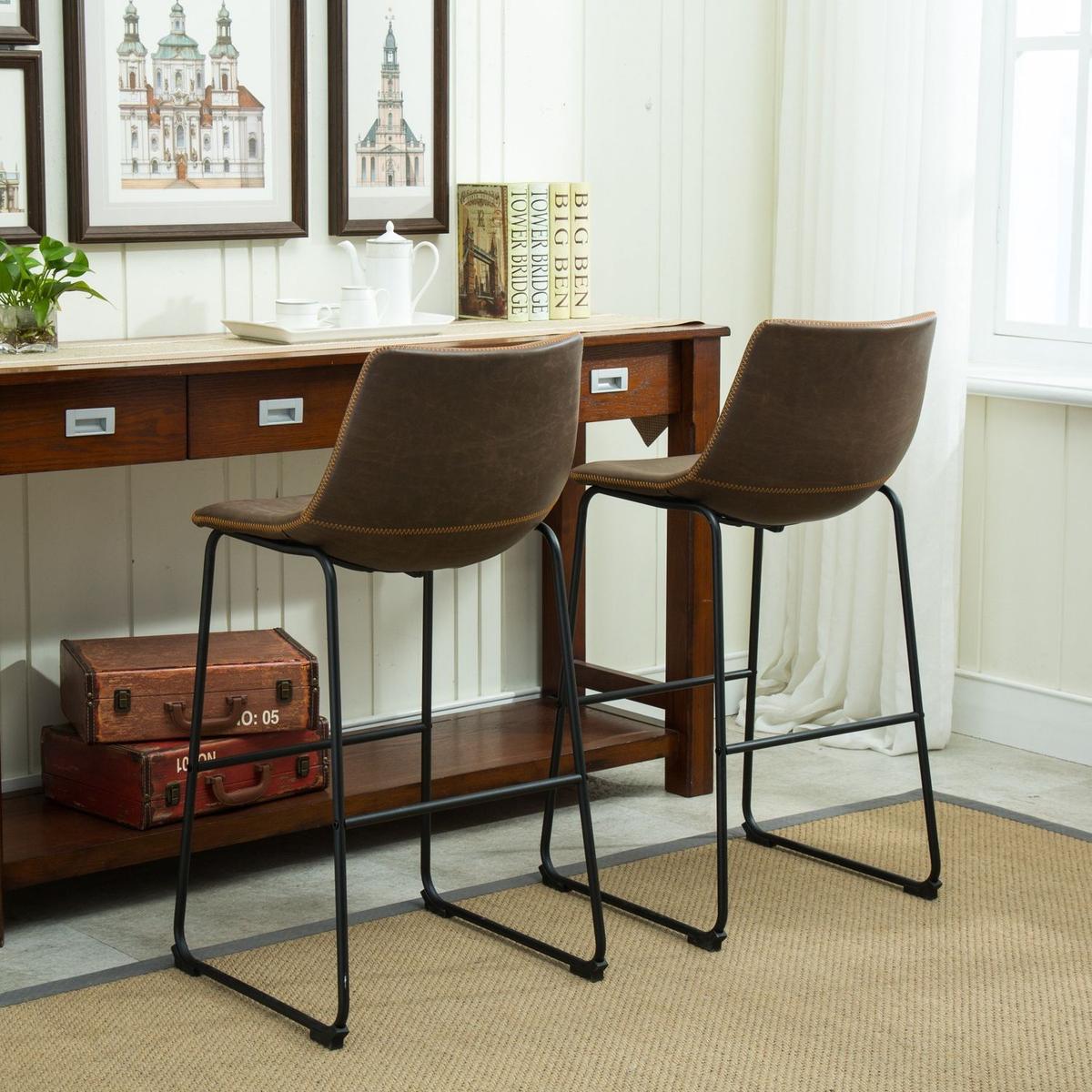Lotusville Vintage PU Leather Barstools, Set of 2, Antique Brown