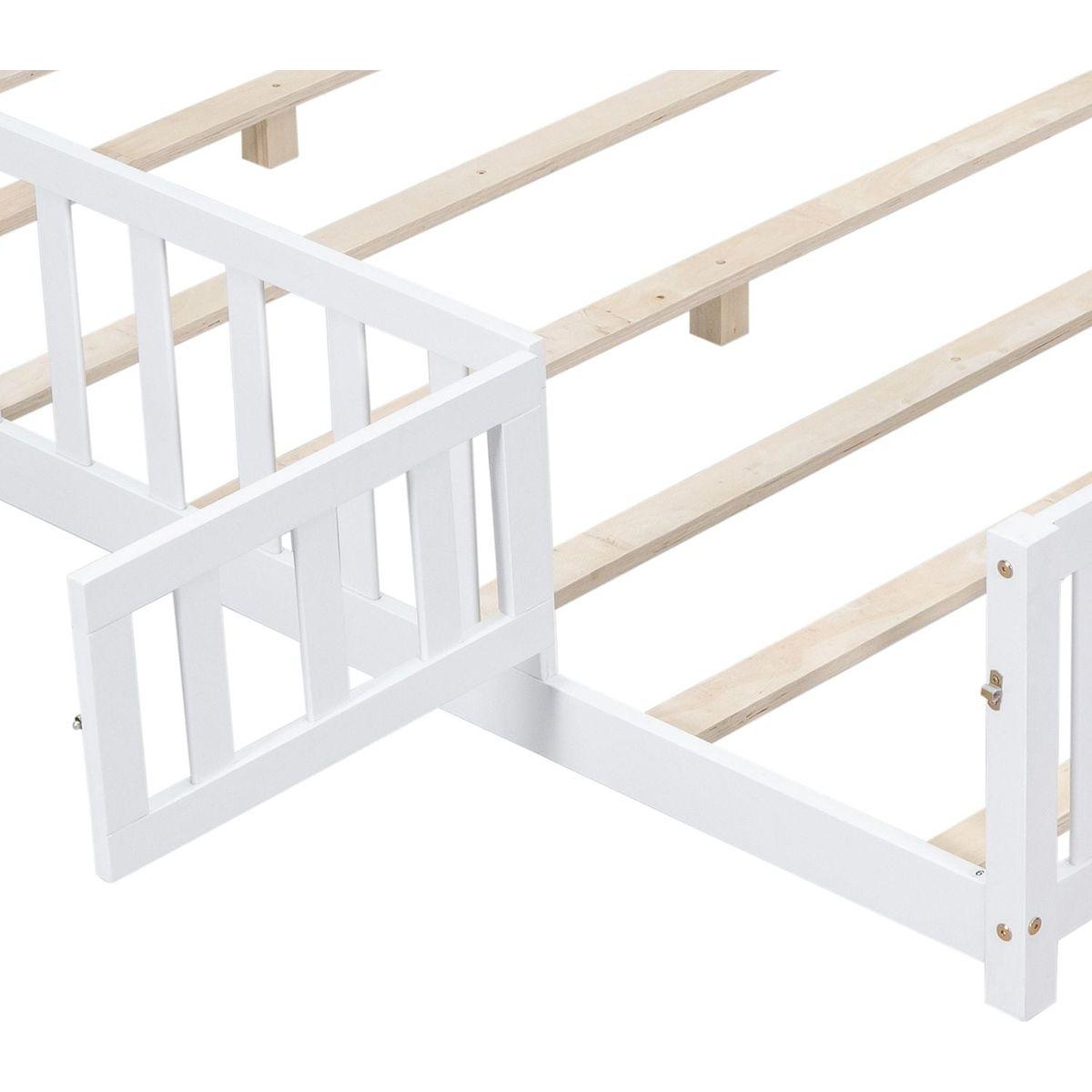 Full Size Floor Platform Bed with Fence and Door for Kids, Montessori Floor Bed Frame with Support Slats for Toddlers, Wooden Floor Bed White