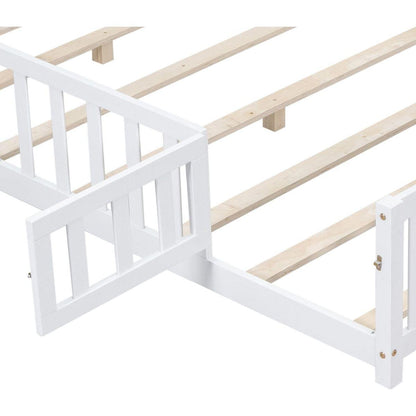 Full Size Floor Platform Bed with Fence and Door for Kids, Montessori Floor Bed Frame with Support Slats for Toddlers, Wooden Floor Bed White