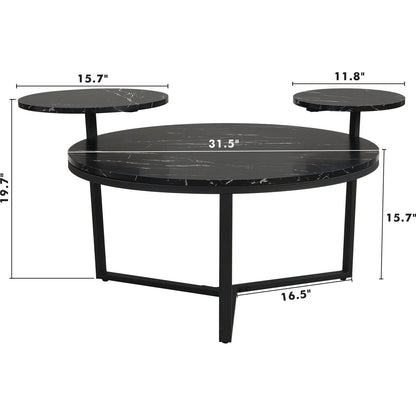 Modern coffee table with two display shelves, Black Faux marble surfaces, Tripod-inspired base,Rounded tabletop edges