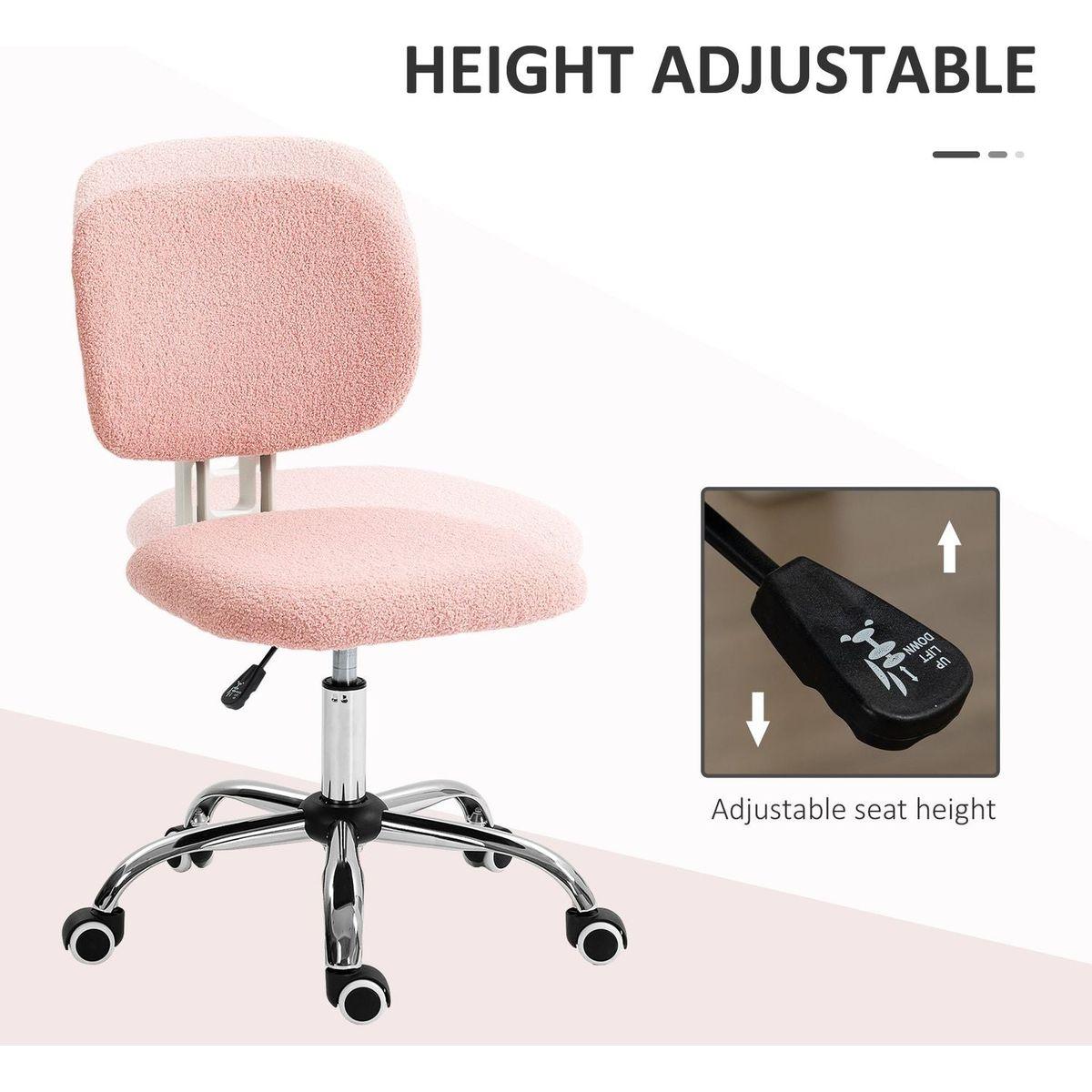 Vinsetto Cute Armless Office Chair, Teddy Fleece Fabric Computer Desk Chair, Vanity Task Chair with Adjustable Height, Swivel Wheels, Mid Back, Pink