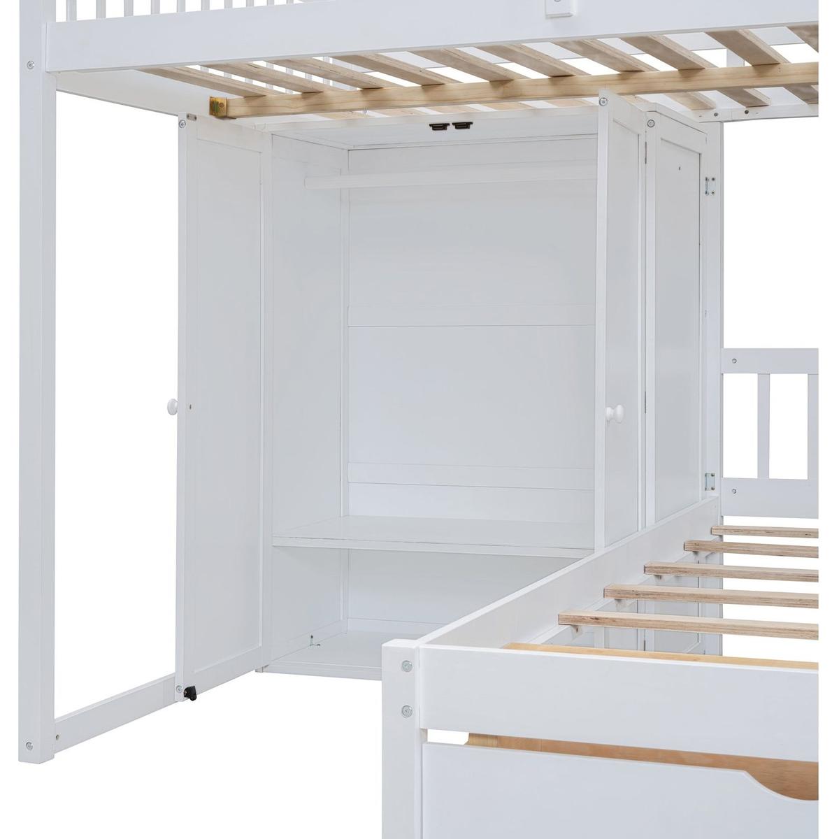 Full Over Twin Bunk Bed with Wardrobe, Drawers, White