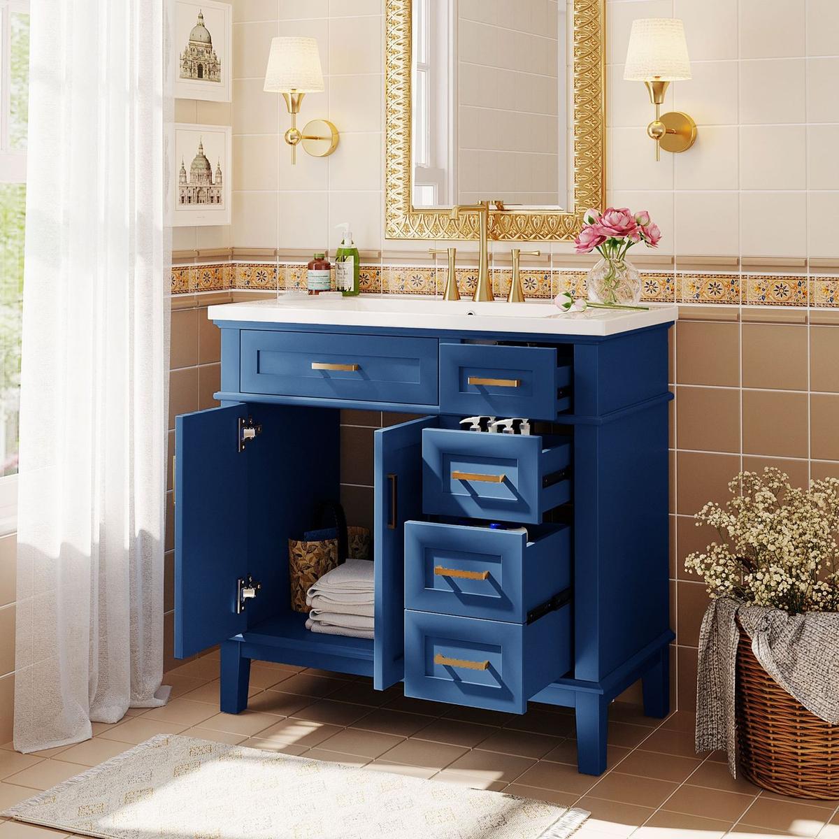 36-inch Bathroom Vanity with Resin Sink, Modern Bathroom Cabinet in Blue, Featuring Two Soft Close Doors and Four Drawers