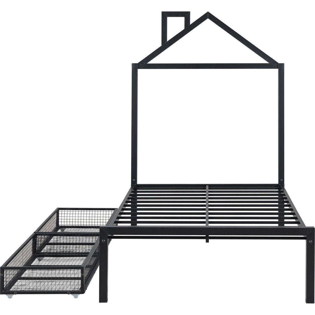 Twin Size Metal Platform Bed with two drawers,House-Shaped Headboard Design, Black
