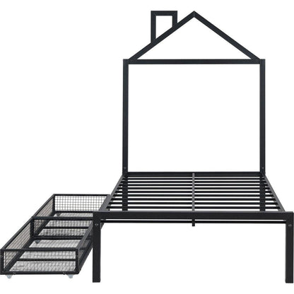Twin Size Metal Platform Bed with two drawers,House-Shaped Headboard Design, Black