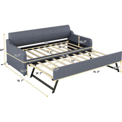 Twin Size Upholstery DayBed with Trundle and USB Charging Design,Trundle can be flat or erected,Gray