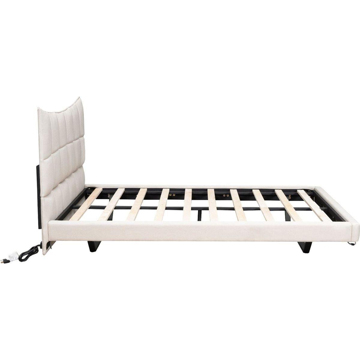 Full Size Upholstered Platform Bed with LED Lights,USB Ports and Outlets,Linen Fabric,Beige