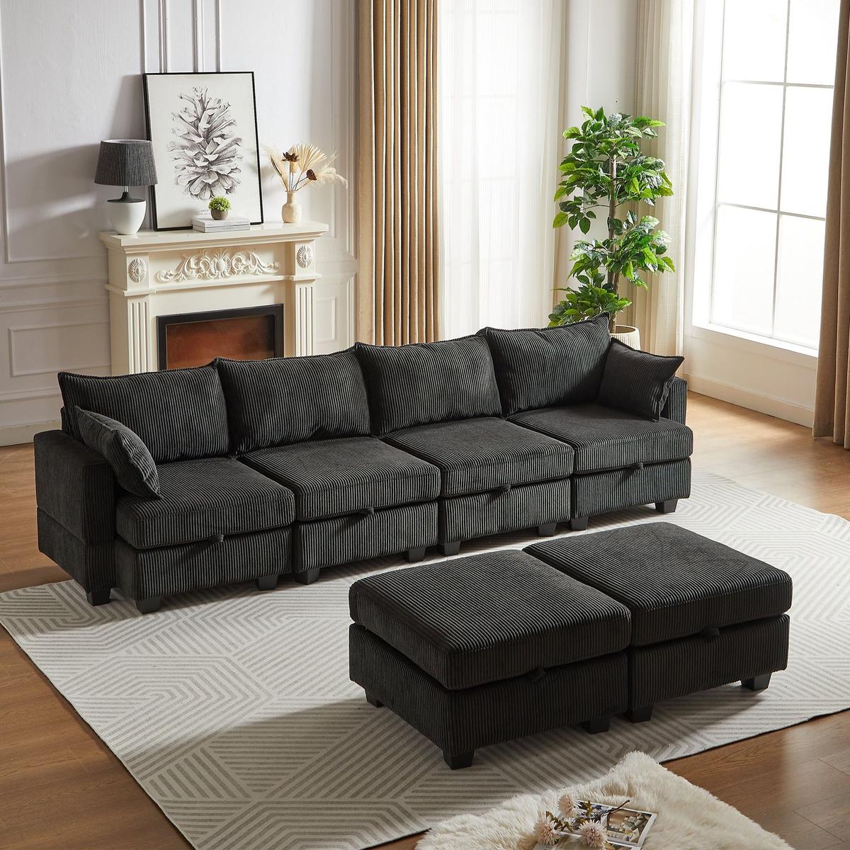 113.5" Modular Sectiona Corduroy Sofa, Sectional Couches for Living Room U Shaped Sectional Couch with Storage Ottoman, 6 Seats Convertible Sectionals with Chaise