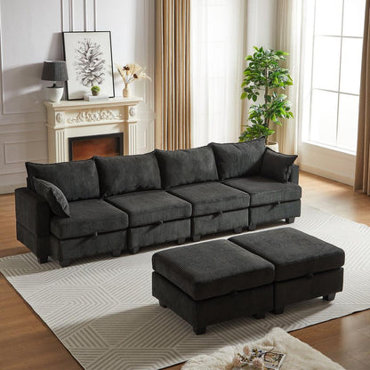 113.5" Modular Sectiona Corduroy Sofa, Sectional Couches for Living Room U Shaped Sectional Couch with Storage Ottoman, 6 Seats Convertible Sectionals with Chaise