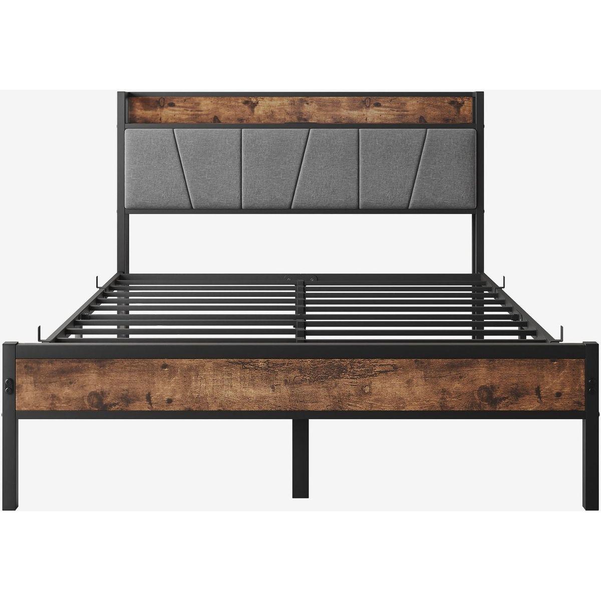 Full Size Bed Frame, Storage Headboard with Charging Station, Solid and Stable, Noise Free, No Box Spring Needed, Easy Assembly,Vintage Brown and Gray