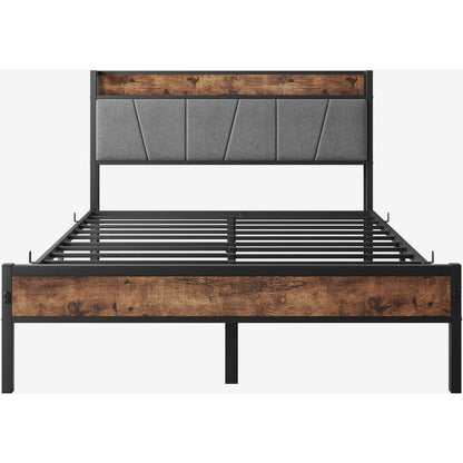 Full Size Bed Frame, Storage Headboard with Charging Station, Solid and Stable, Noise Free, No Box Spring Needed, Easy Assembly,Vintage Brown and Gray