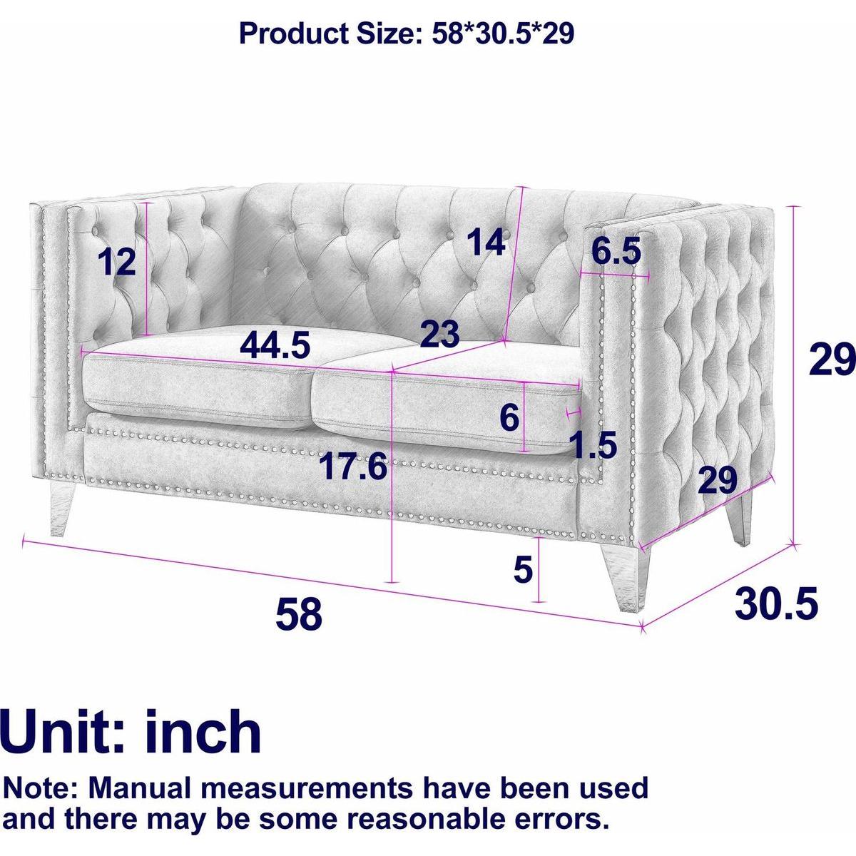Velvet Sofa for Living Room,Buttons Tufted Square Arm Couch, Modern Couch Upholstered Button and Metal Legs, Sofa Couch for Bedroom, Grey Velvet-2S