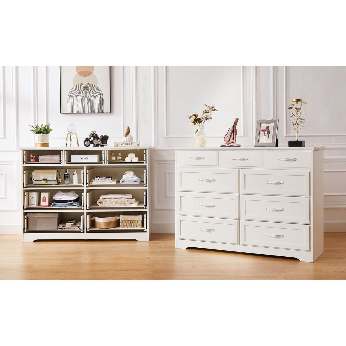 Bedroom dresser, 9 drawer long dresser with antique handles, wood chest of drawers for kids room, living room, entry and hallway, White, 47.56"W x 15.75"D x 34.45"H.