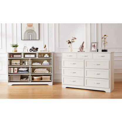 Bedroom dresser, 9 drawer long dresser with antique handles, wood chest of drawers for kids room, living room, entry and hallway, White, 47.56"W x 15.75"D x 34.45"H.