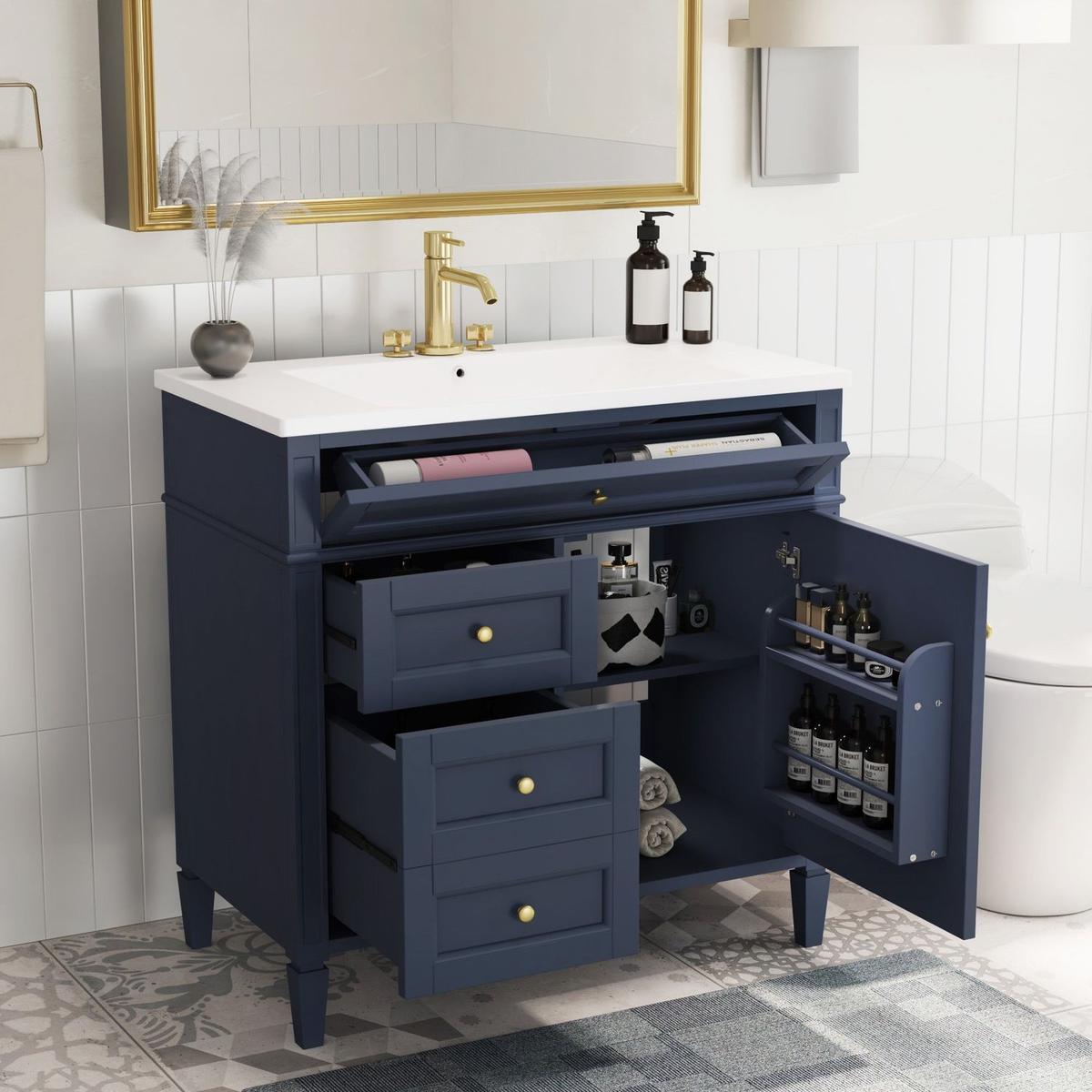 36" Bathroom Vanity with Top Sink, Modern Bathroom Storage Cabinet with 2 Drawers and a Tip-out Drawer, Single Sink Bathroom Vanity