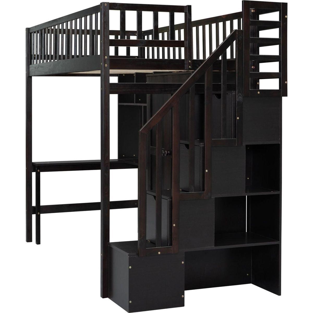 Twin size Loft Bed with Bookshelf,Drawers,Desk,and Wardrobe-Espresso