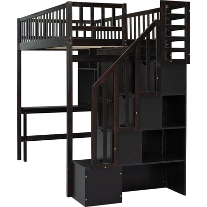 Twin size Loft Bed with Bookshelf,Drawers,Desk,and Wardrobe-Espresso