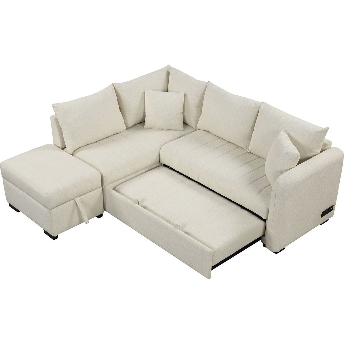 82.6" L-shaped Sectional Pull Out Sofa Bed Sleeper Sofa with Two USB Ports, Two Power Sockets and a Movable Storage Ottoman, Beige