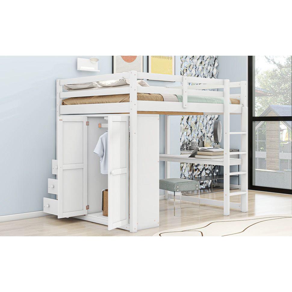 Wood Full Size Loft Bed with Built-in Wardrobe, Desk, Storage Shelves and Drawers, White