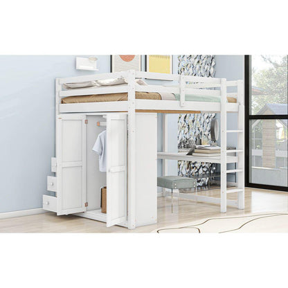 Wood Full Size Loft Bed with Built-in Wardrobe, Desk, Storage Shelves and Drawers, White