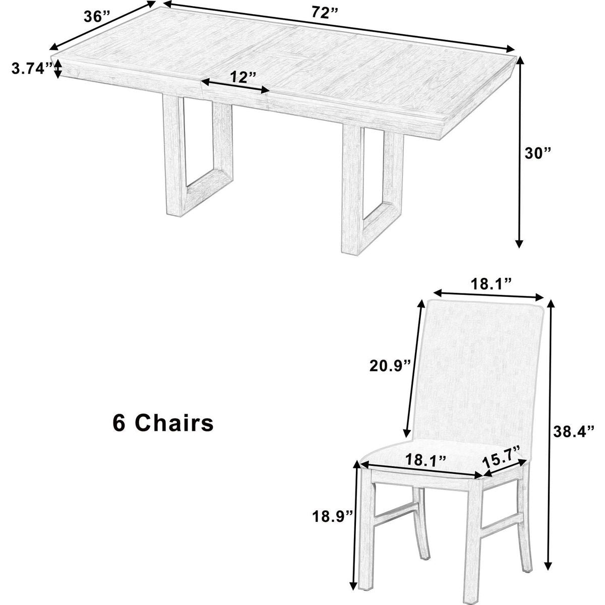 Traditional 7-Piece 72" Extendable Dining Table Set with 12inch Butterfly Leaf and 6 Upholstered Dining Table Set, Natural