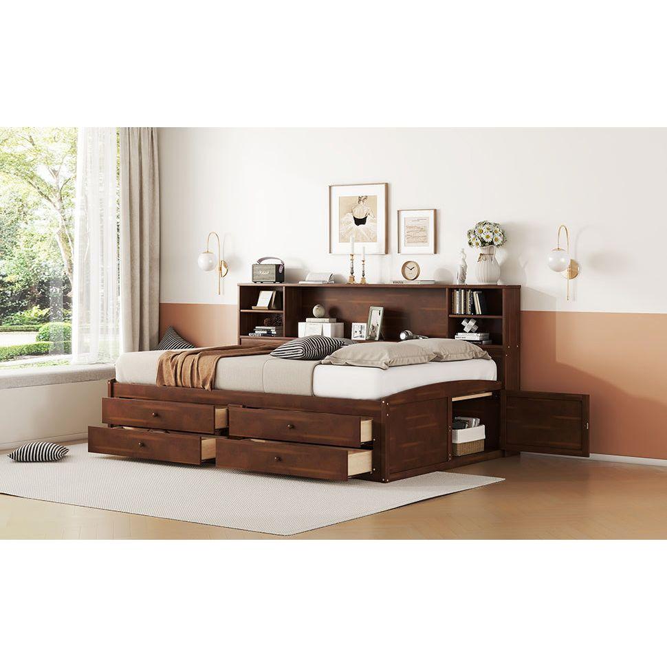Full Size Wooden Captain Bed with Built-in Storage Shelves, 4 Drawers and 2 Cabinets, Antique Brown