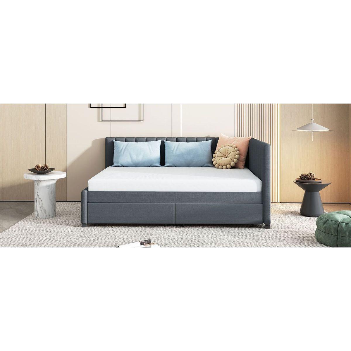 Full Size Upholstered Daybed with 2 Storage Drawers Sofa Bed Frame No Box Spring Needed, Linen Fabric (Gray)
