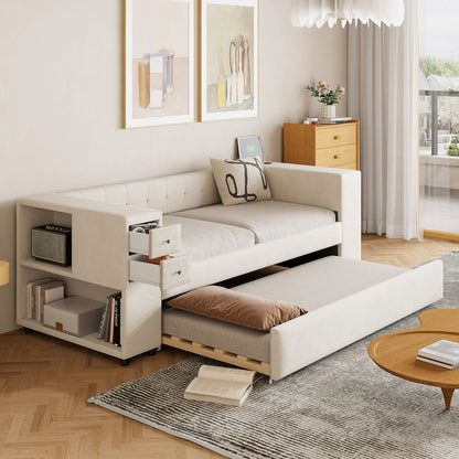Twin Upholstered Bed with Storage and Twin Trundle, USB Charging Ports, French Velvet, Beige - Streamdale Furniture