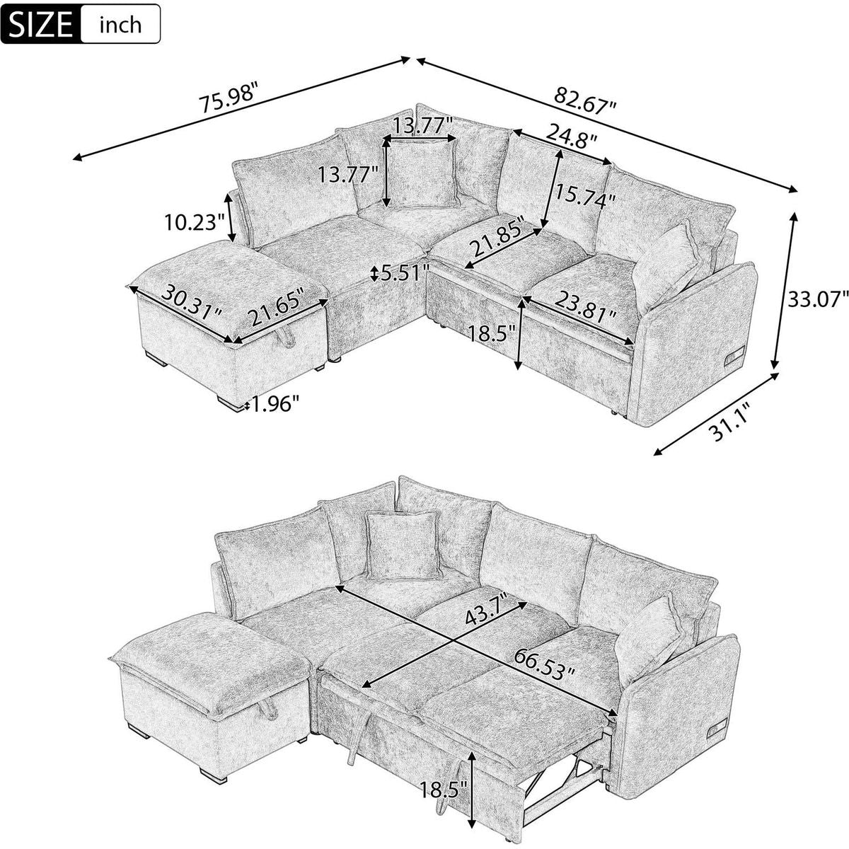 82.67"Convertible Sofa Bed Sectional Sofa Sleeper L-shaped Sofa with a Storage Ottoman,Two Pillows, Two Power Sockets and Two USB Ports for Living Room, Orange