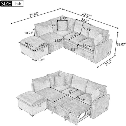 82.67"Convertible Sofa Bed Sectional Sofa Sleeper L-shaped Sofa with a Storage Ottoman,Two Pillows, Two Power Sockets and Two USB Ports for Living Room, Orange