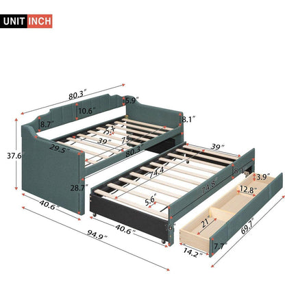 Twin Size Upholstered Daybed with Trundle and Three Drawers,Green