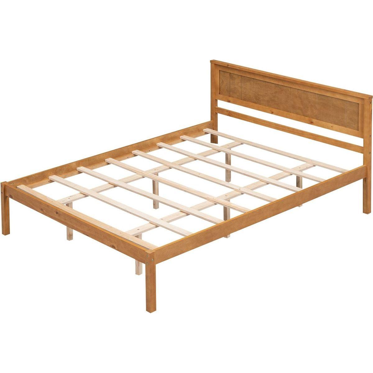 Platform Bed Frame with Headboard, Wood Slat Support, No Box Spring Needed, Queen, Oak