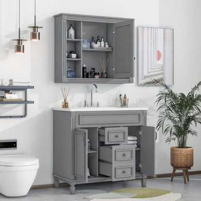 36" Bathroom Vanity with Top Sink, Grey Mirror Cabinet, Modern Bathroom Storage Cabinet with 2 Soft Closing Doors and 2 Drawers, Single Sink Bathroom Vanity