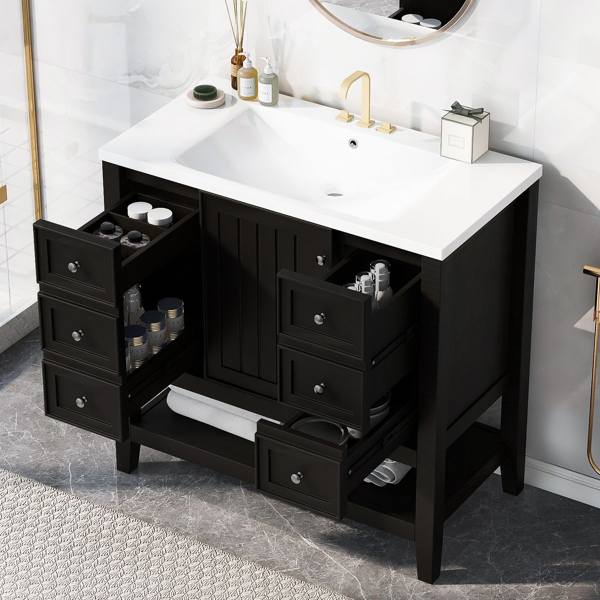 36' Bathroom Vanity with Sink Combo, One Cabinet and Three Drawers, Solid Wood and MDF Board, Black (Old Sku:SY999505AAB)